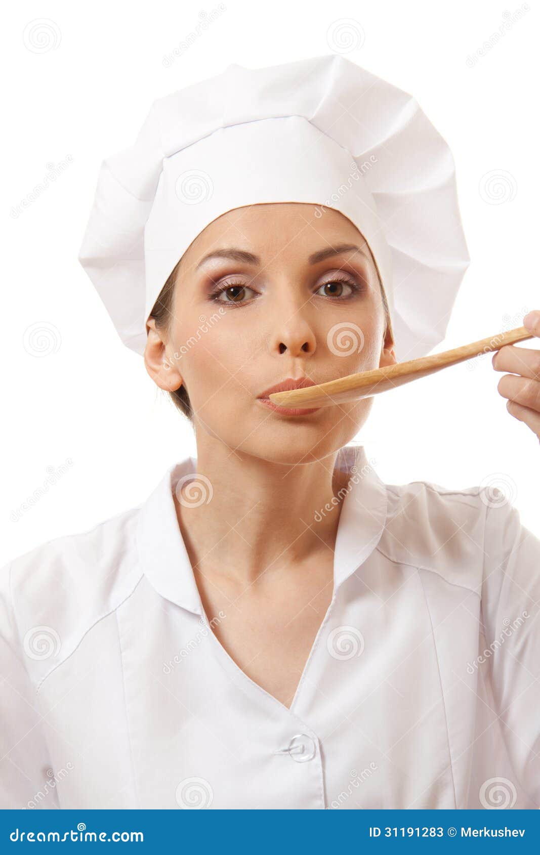 Woman Cook Eating With Spoon, Isolated On White Stock Image - Image of ...
