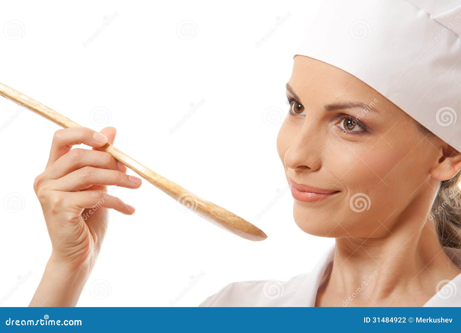 Woman Cook Eating with Spoon, Isolated on White Stock Photo - Image of ...