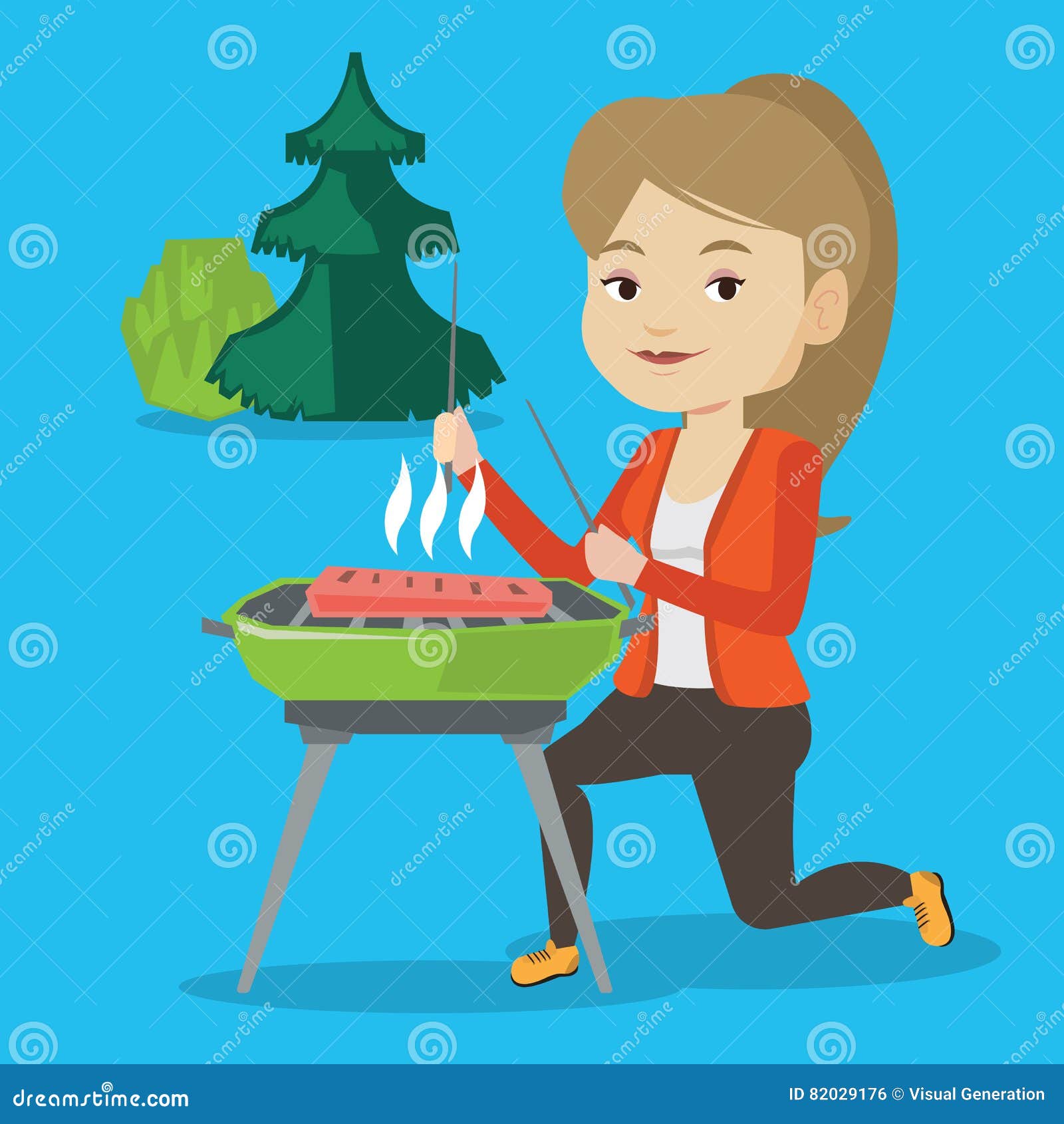 Download Woman Cooking Steak On Barbecue Grill. Stock Vector - Illustration of flat, lunch: 82029176