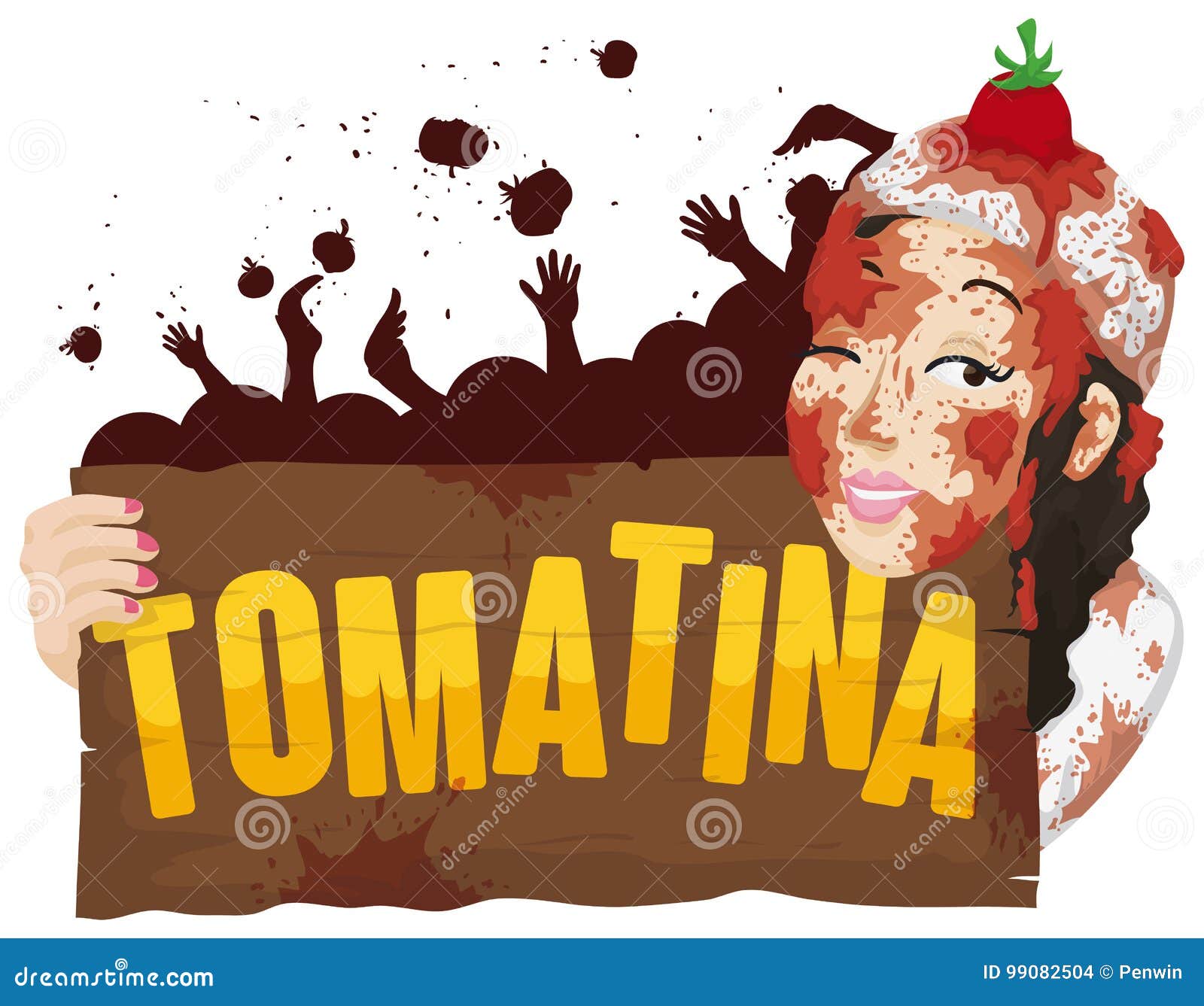 woman covered with tomatoes holding a sign for tomatina festival,  