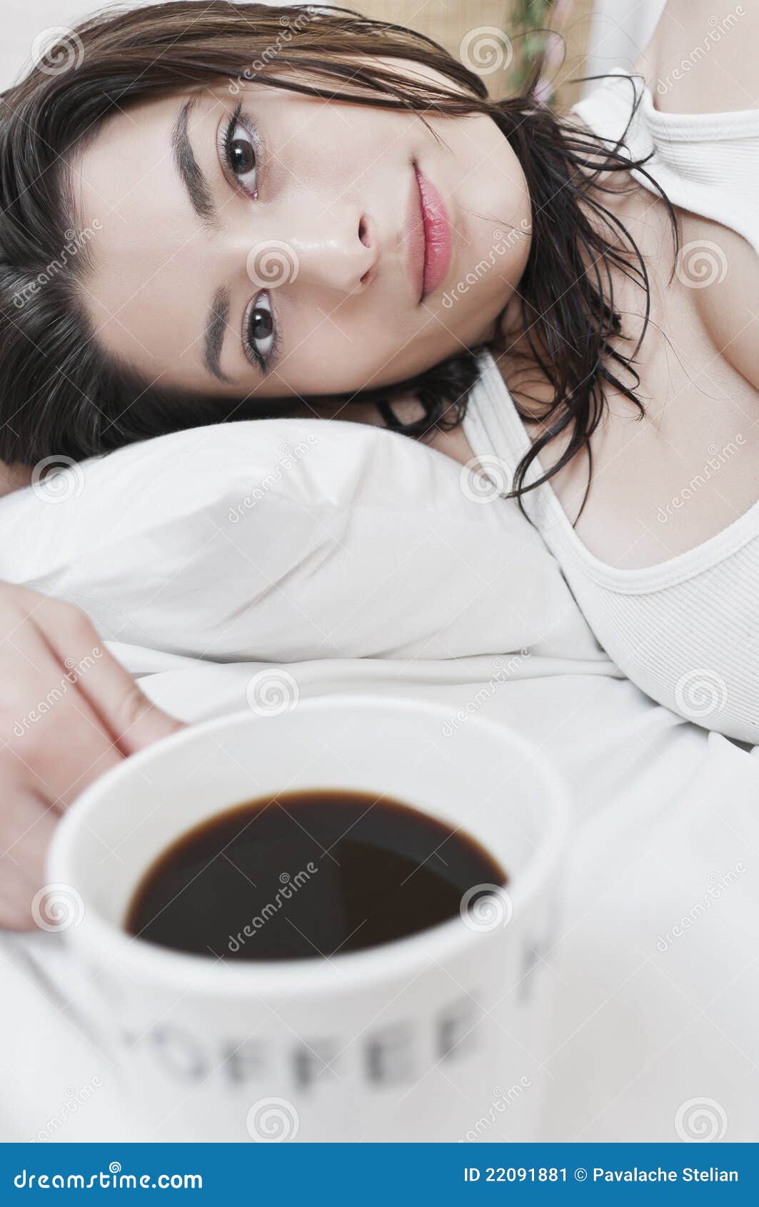 Woman With A Cup Of Coffee On Bed Stock Image Image Of Drink