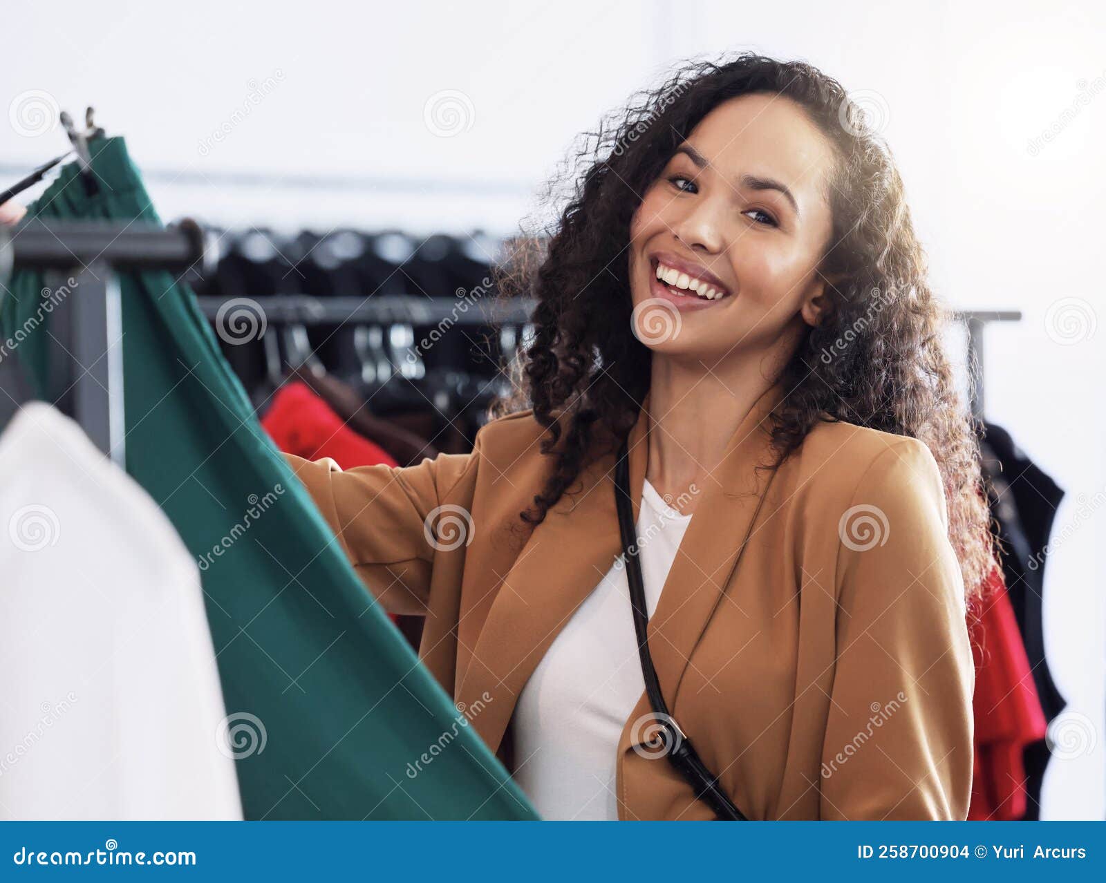 Woman Customer, in Clothes Shop and Happy Browse, Look through Clothing ...