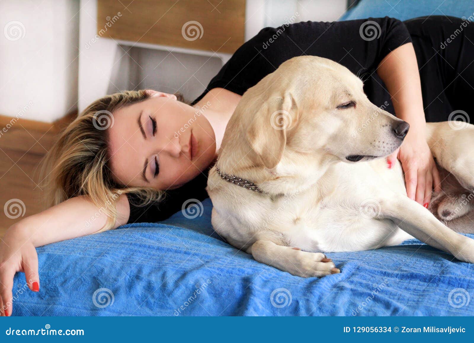 Woman With Cute Dogs At Home Handsome Girl Resting And