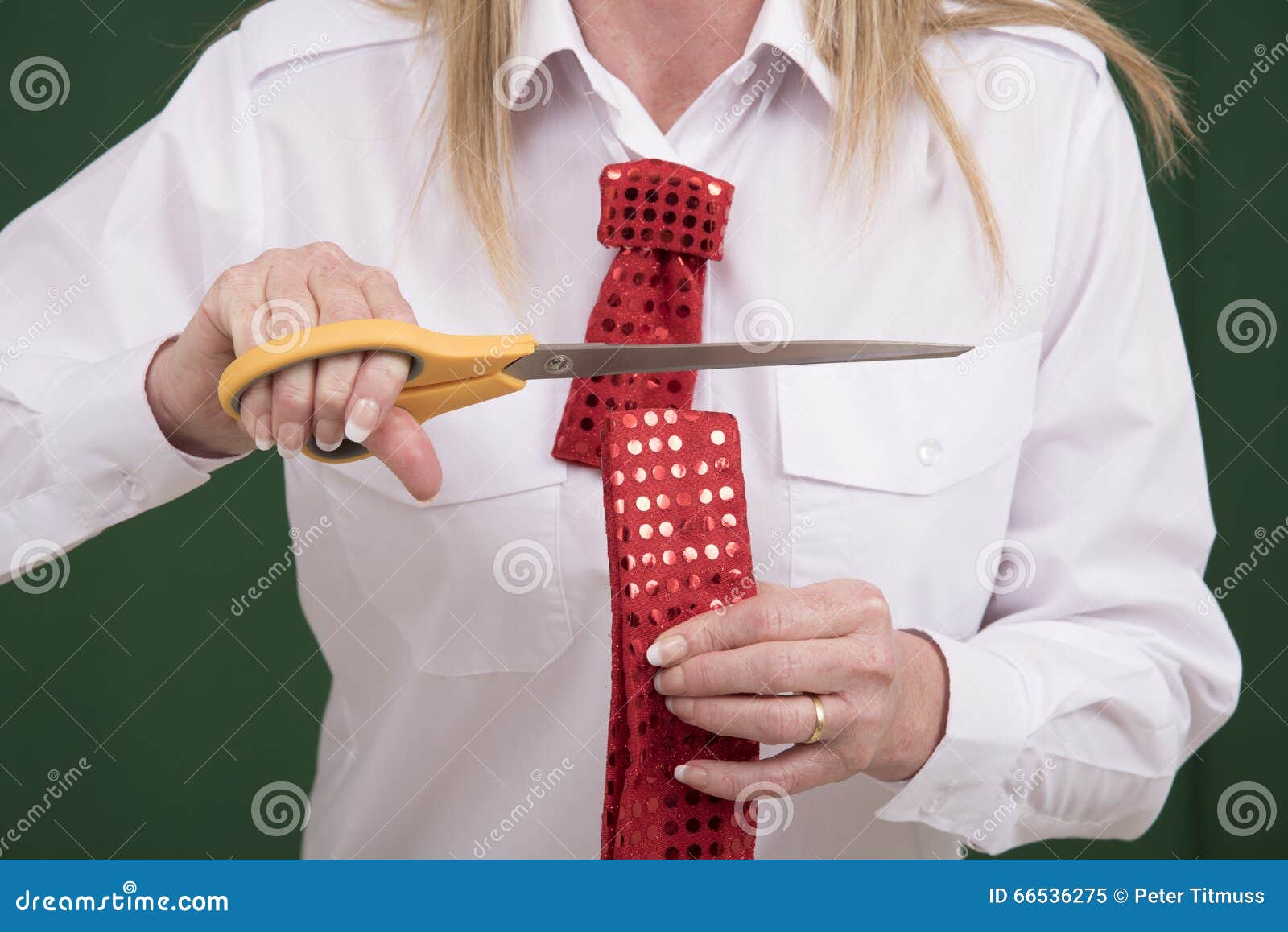 Woman Cutting Through A Necktie With Scissors Stock Image Image Of