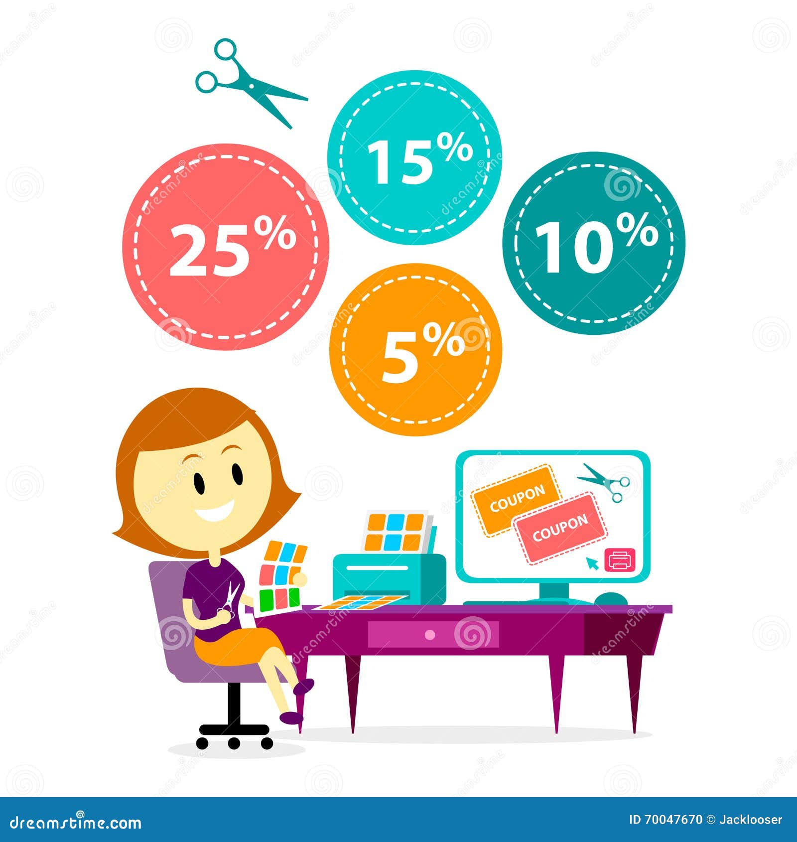Woman Cutting Printable Coupons Vector Illustration 