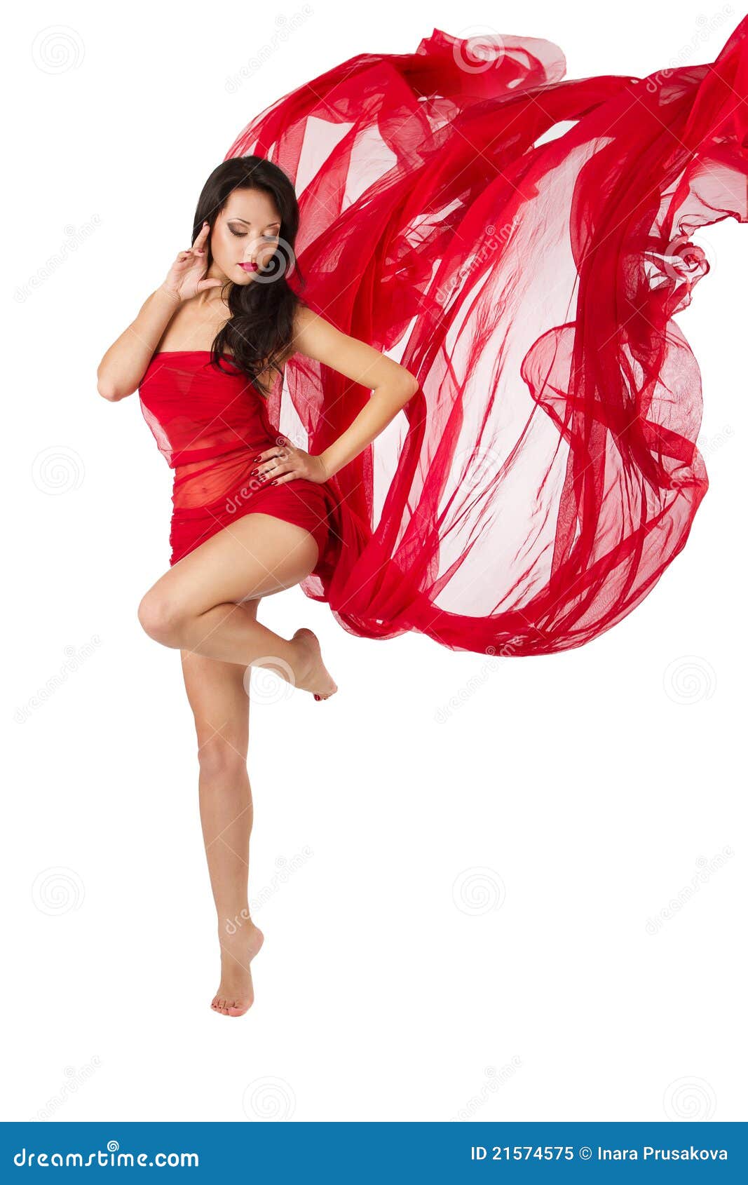 Woman Dancing in Red Flying Dress. Over White Stock Image Image of