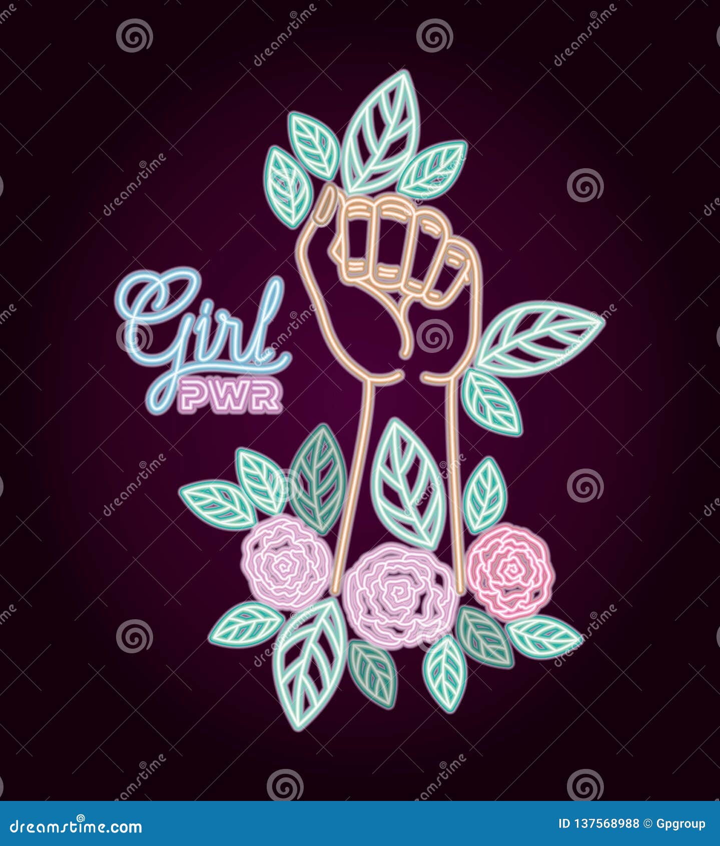 Woman Day Neon Label with Hand Fist and Roses Stock Vector ...