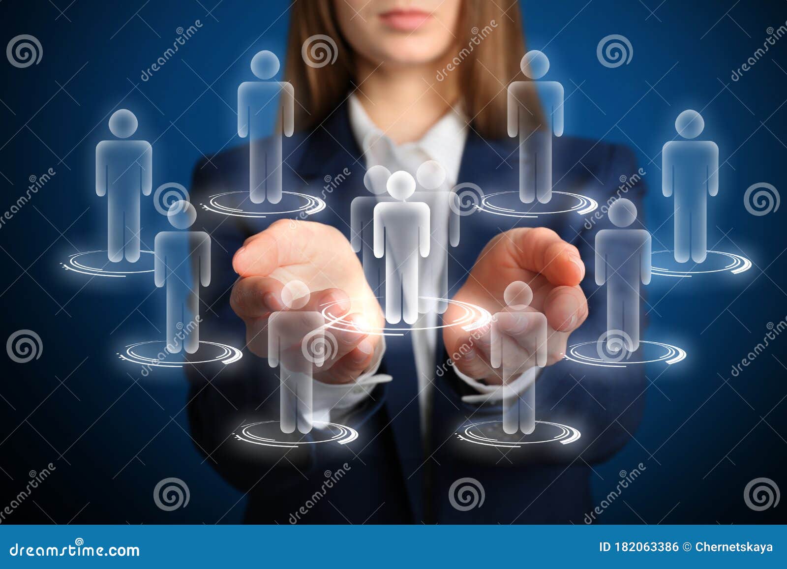 Woman Demonstrating Virtual Structure Of Organization. Business ...