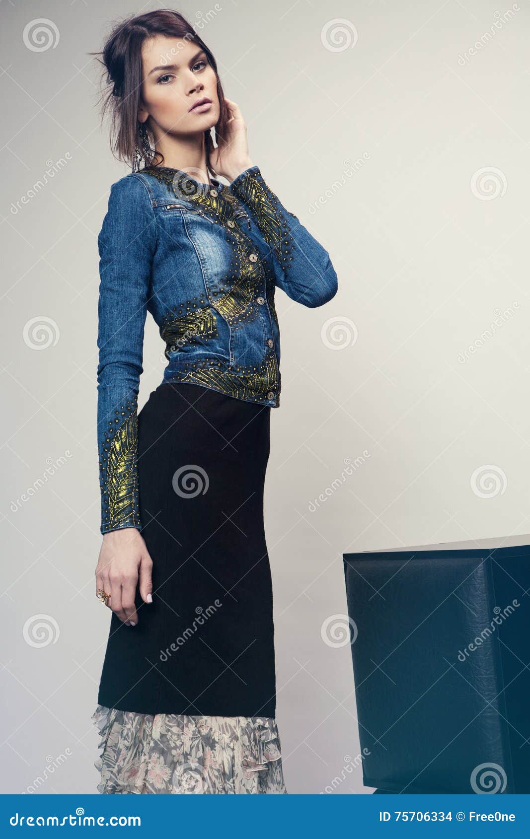 Woman in Denim Jacket and Long Dress Stock Photo Image of beauty