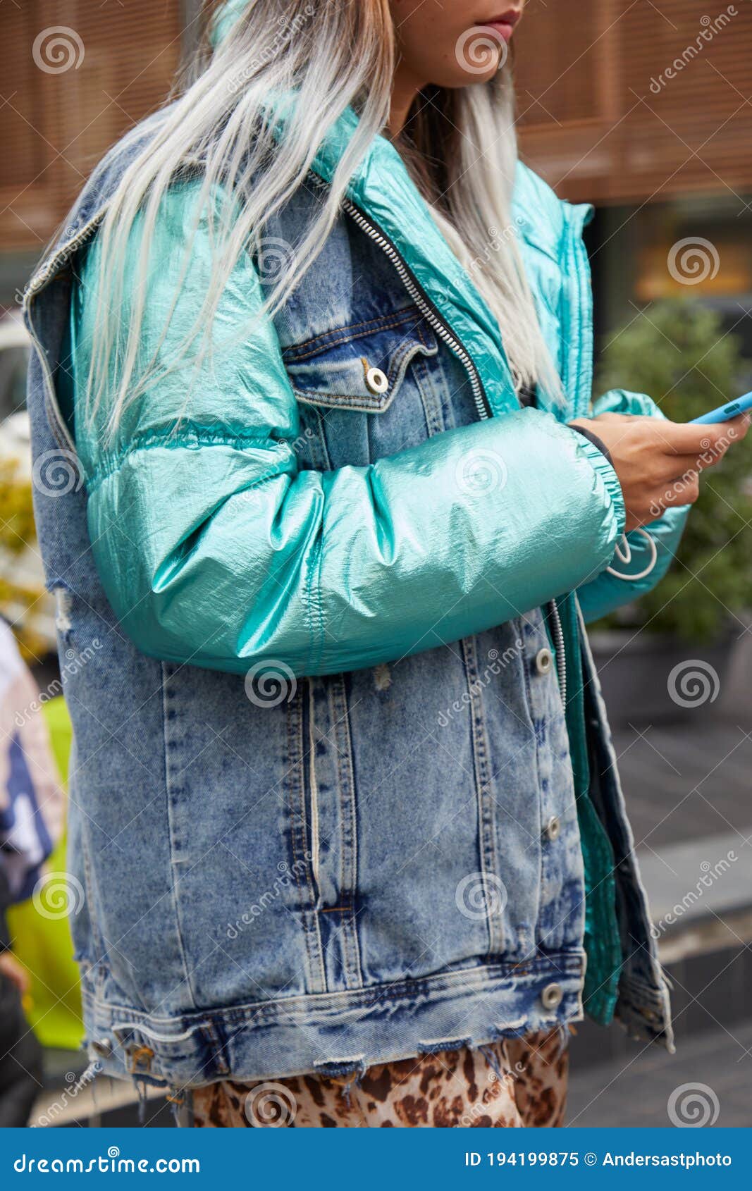 Woman with Denim Jacket and Turquoise, Metallic Padded Jacket before ...