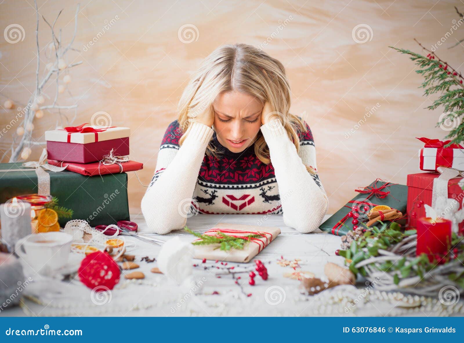 Woman Depressed with Christmas Gift Clutter Stock Photo Image of