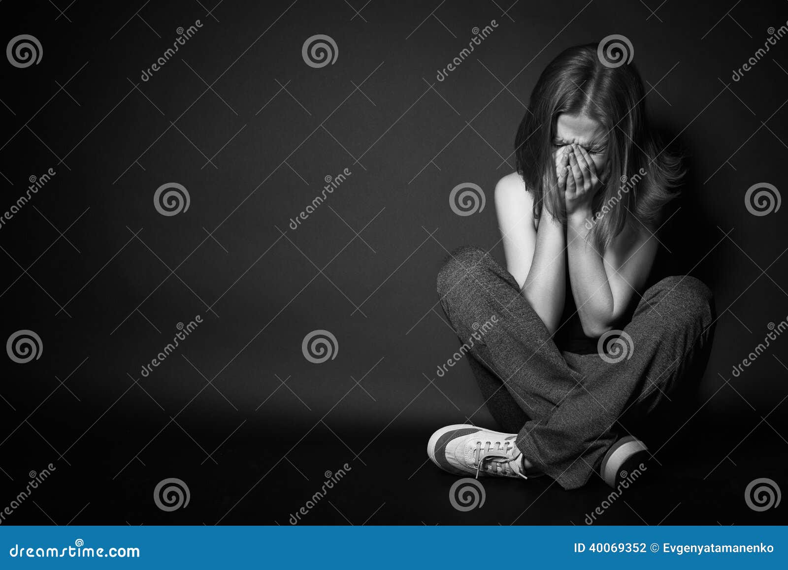 Woman In Depression And Despair Crying On Black Dark Stock Photo