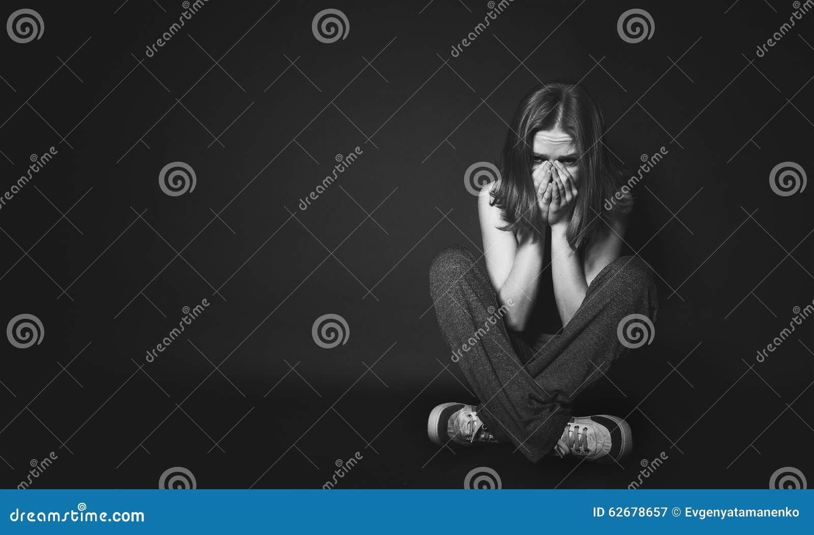 Woman In Depression And Despair Crying On Black Dark Stock Image ...