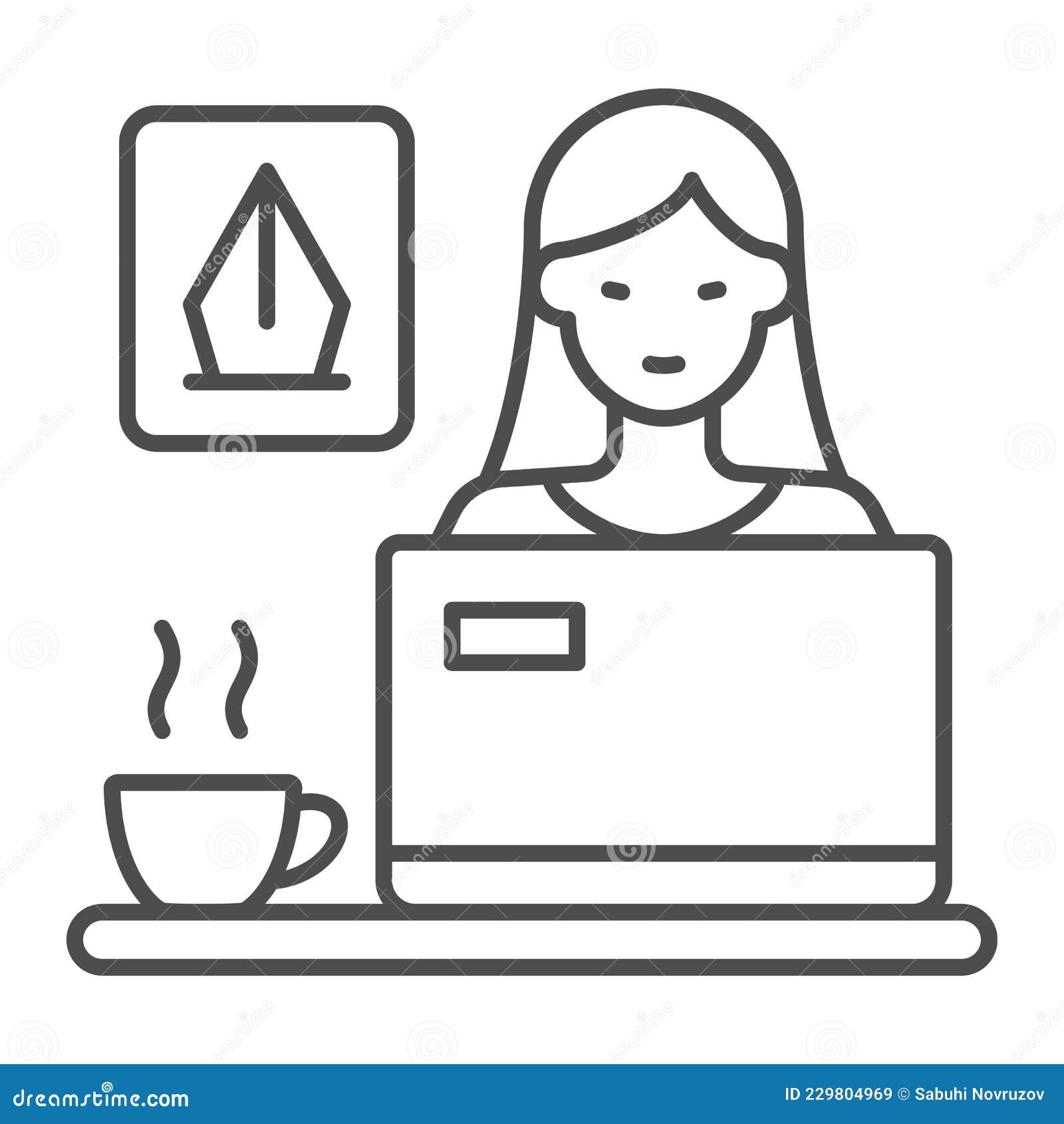 woman er working on laptot and cup of coffee thin line icon, work concept, architect  sign on white