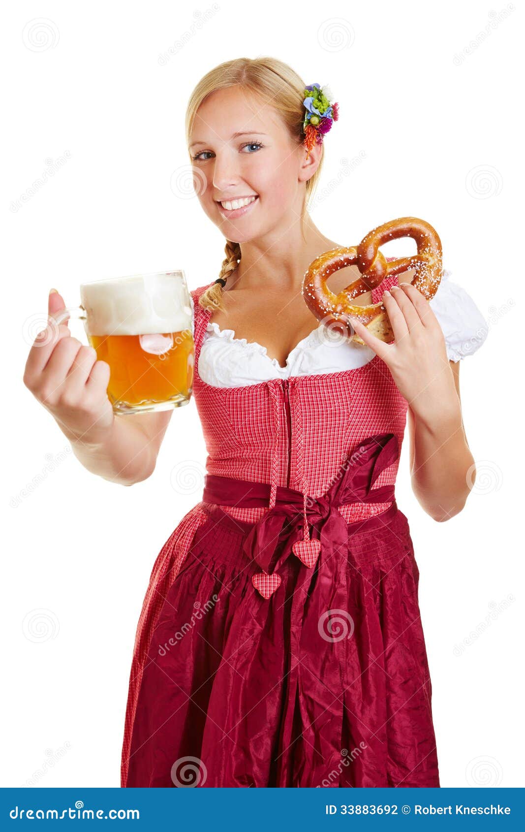 Woman in Dirndl with Pretzel Offering Beer Stock Photo - Image of ...