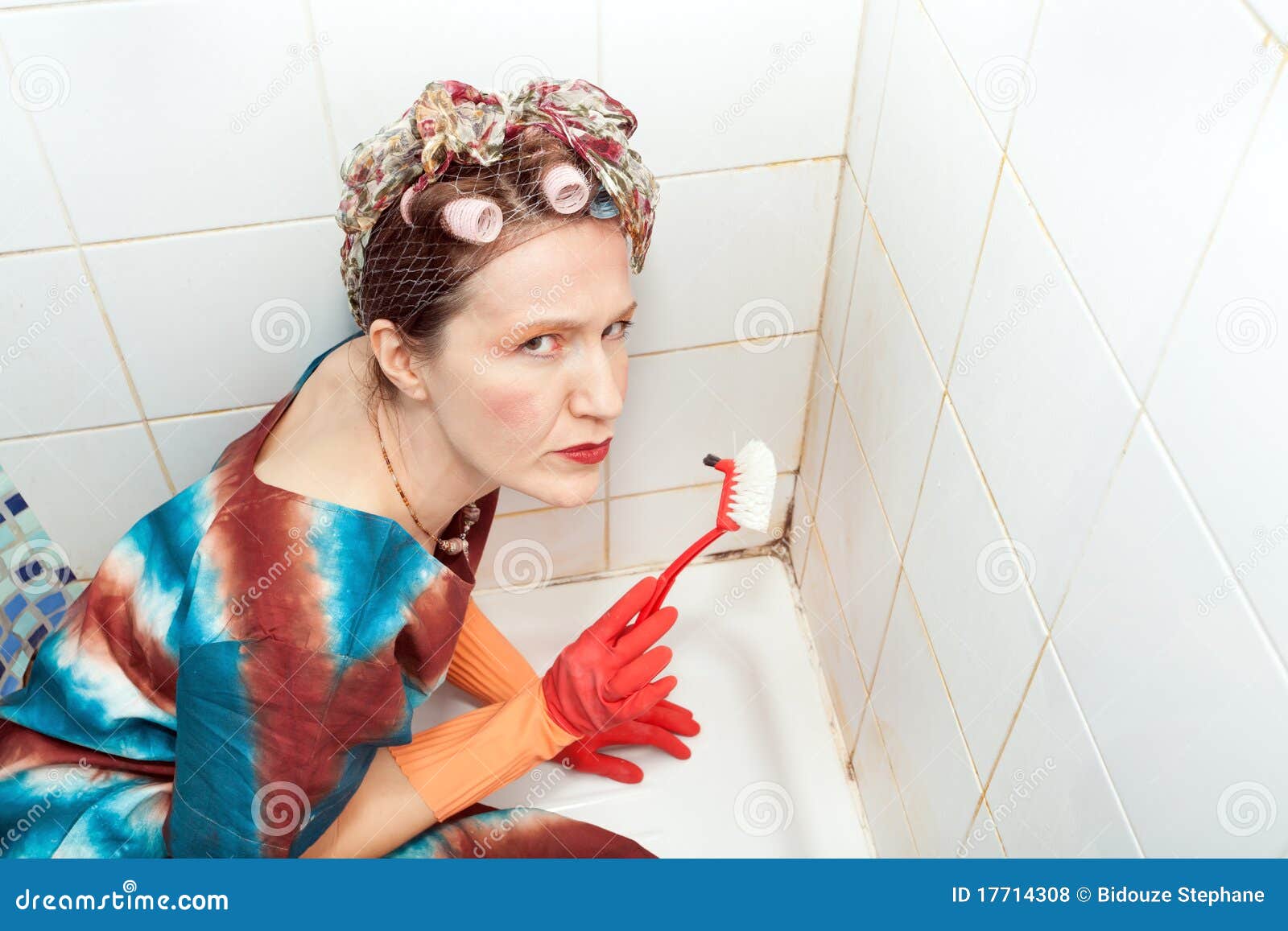 Woman and dirty bathroom stock photo. Image of maid, glove 17714308