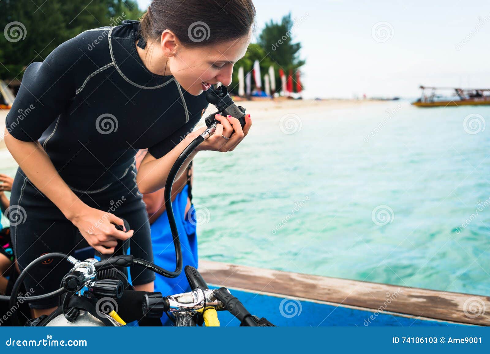 Woman Diver Testing Regulator before Scuba Diving Stock Image Image