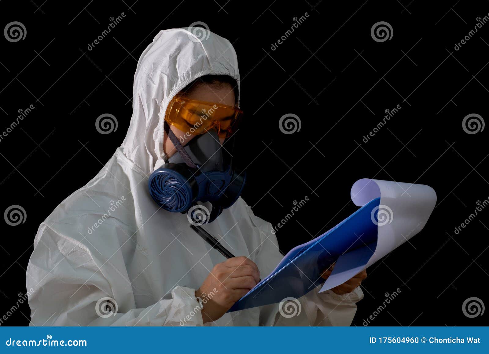 Woman Doctor in a Chemical Protective Clothing and Antigas Mask with ...