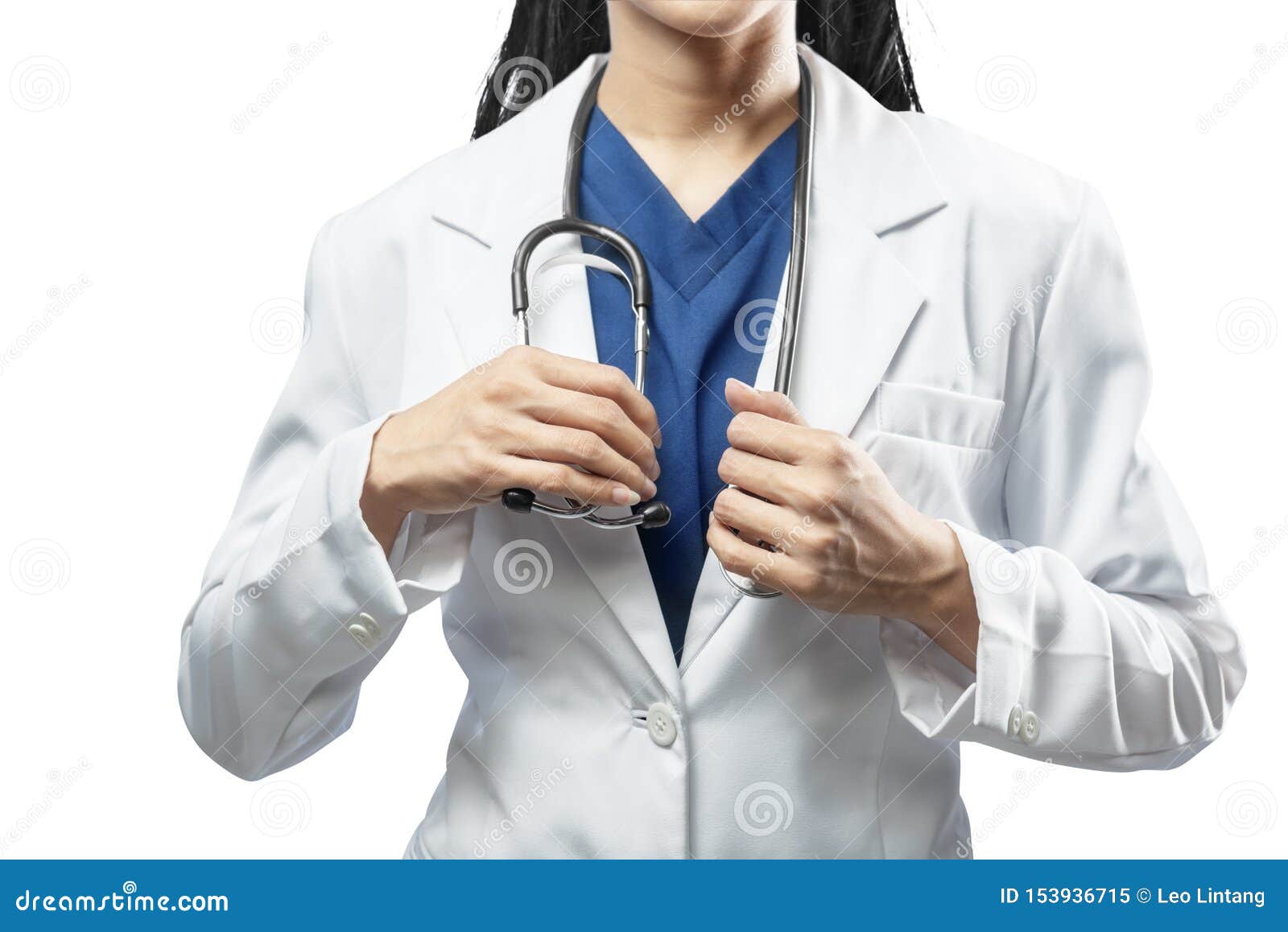 Woman Doctor In A White Lab Coat Holding Stethoscope On Her Hands Stock