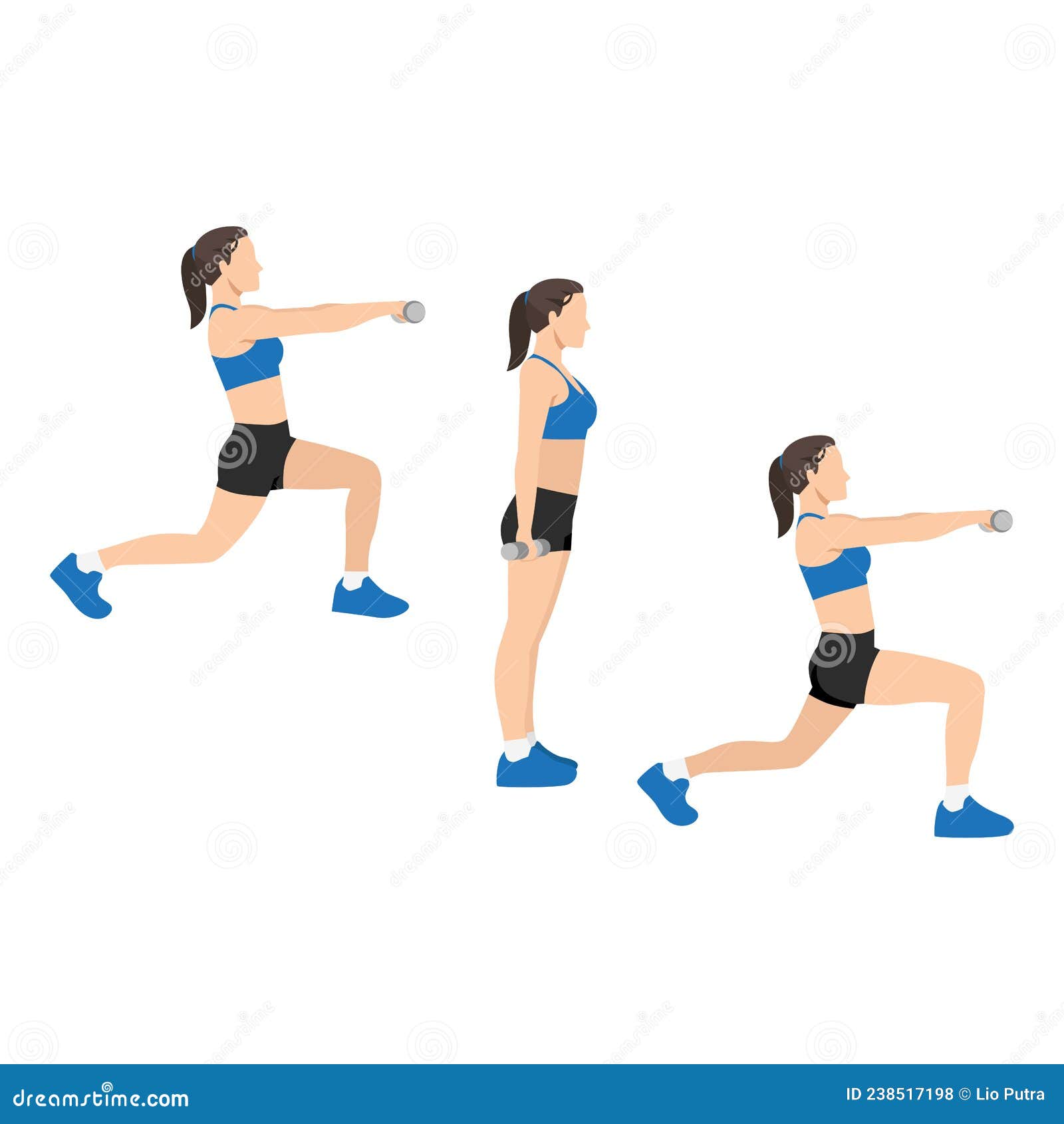 Woman Doing Alternating Lunge Front Raise Exercise. Stock Vector ...