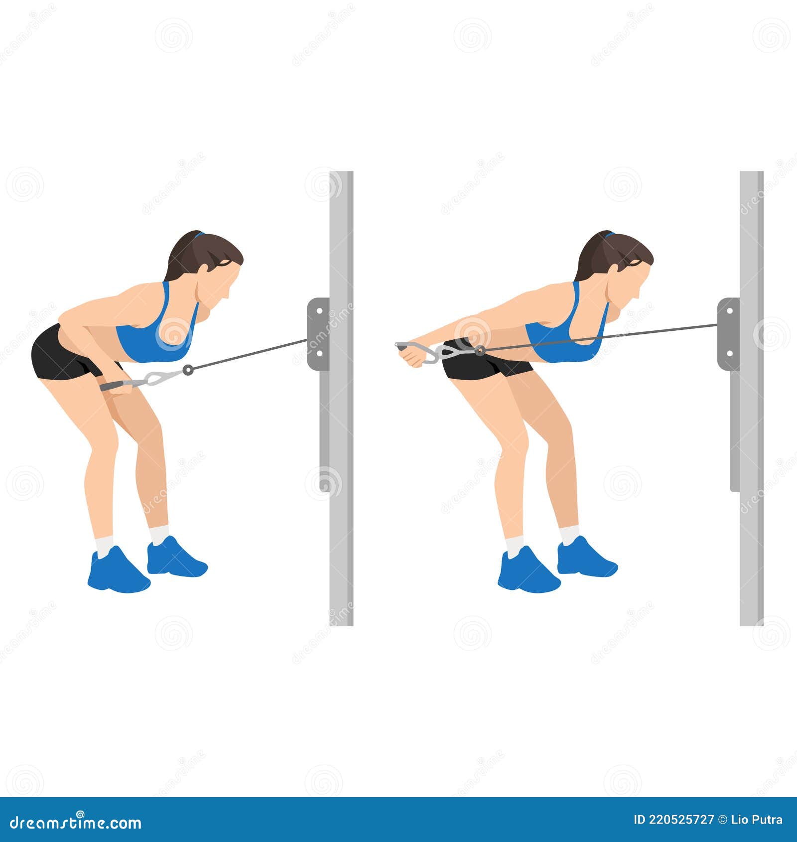 Woman Doing Cable Triceps Kickbacks Exercise. Stock Vector