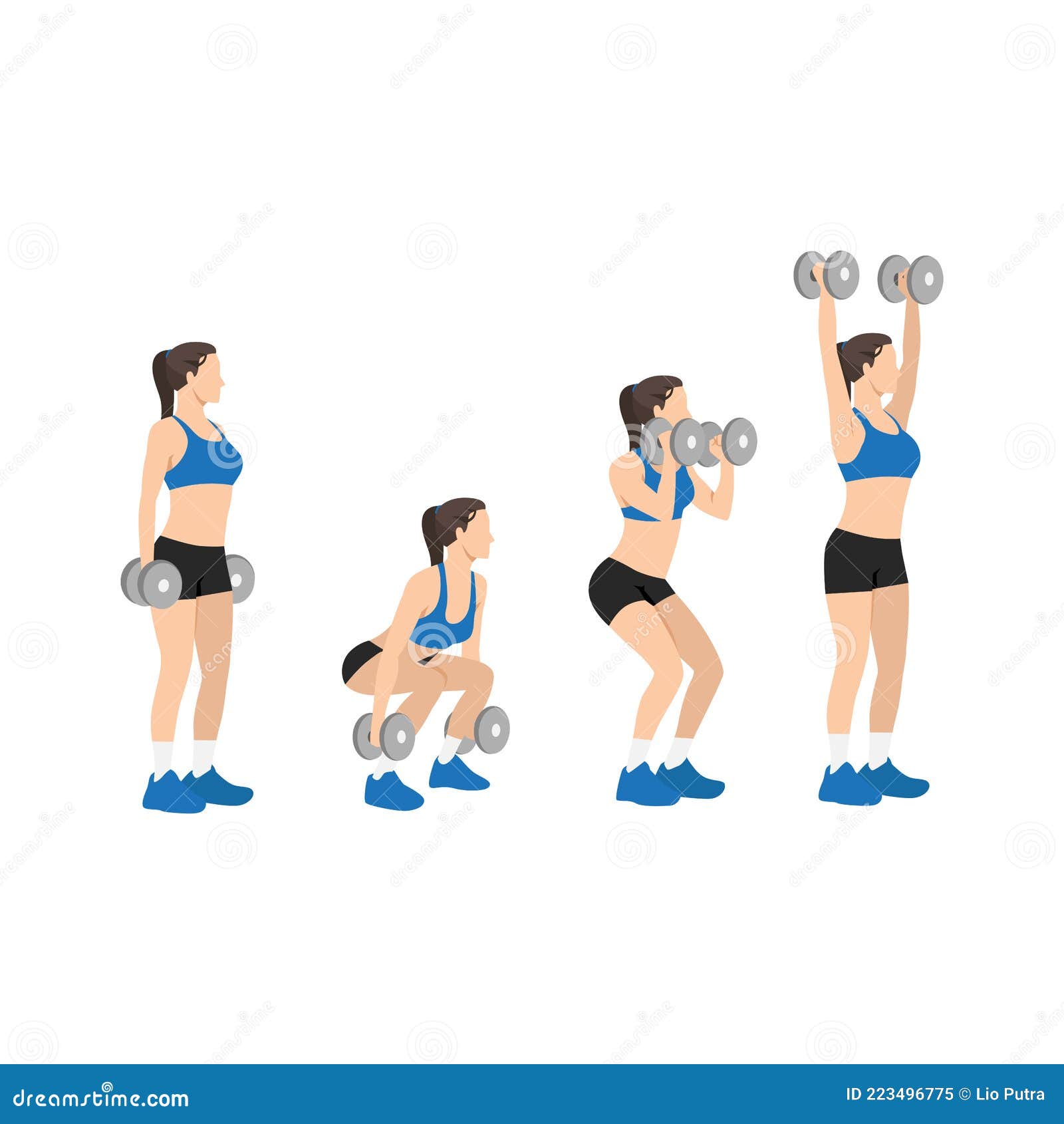 Woman Doing Dumbbell Squat Clean and Press Exercise. Stock Vector