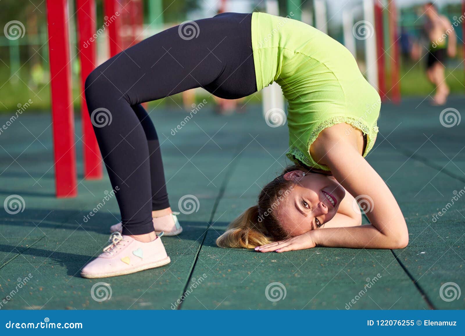 Woman Doing Exercise Bridge Stretching Danser Or Gymnast Training Trains In Workout Sports