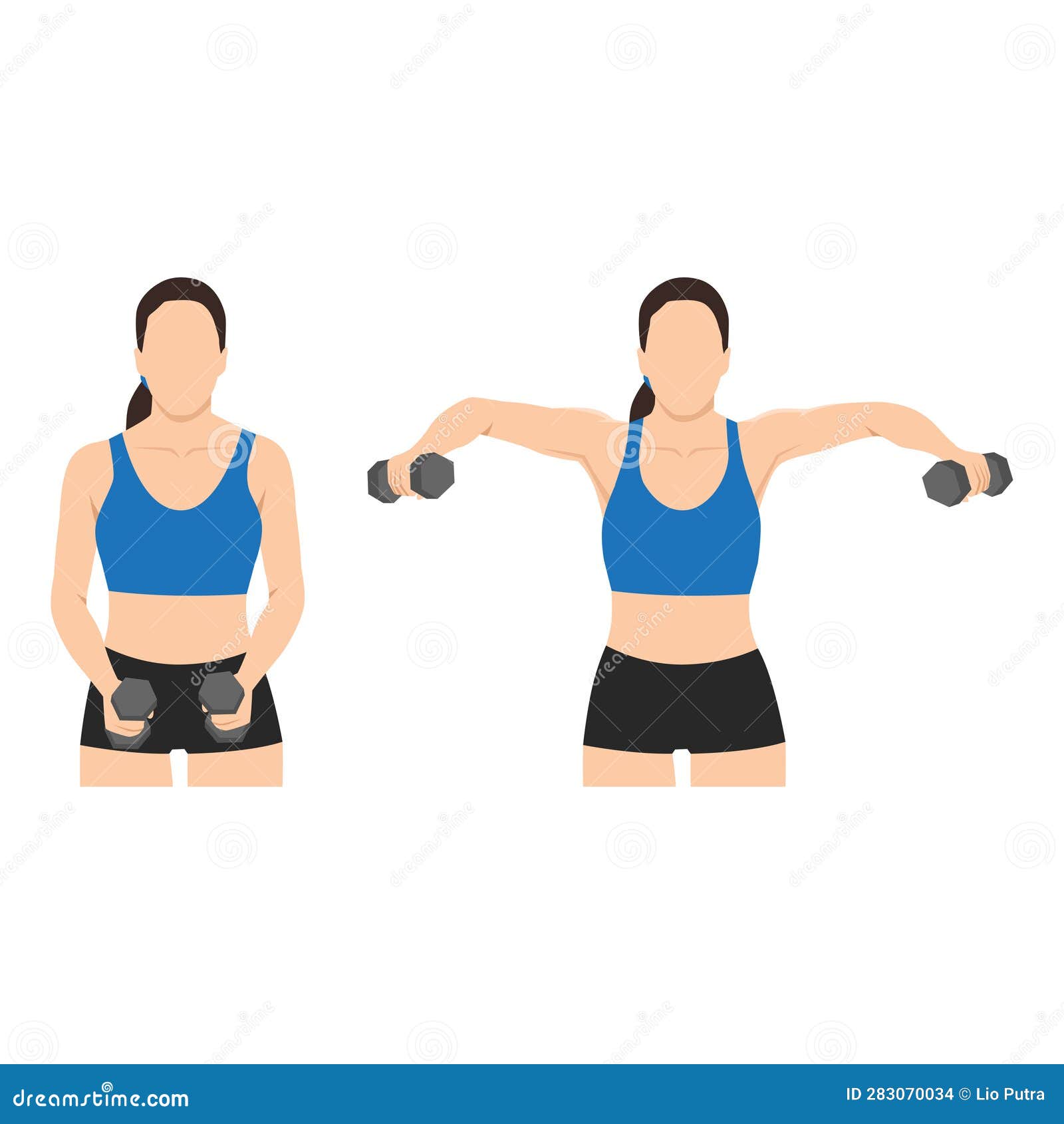 Woman Doing Lateral Side Shoulder Dumbbell Raises. Power Partials