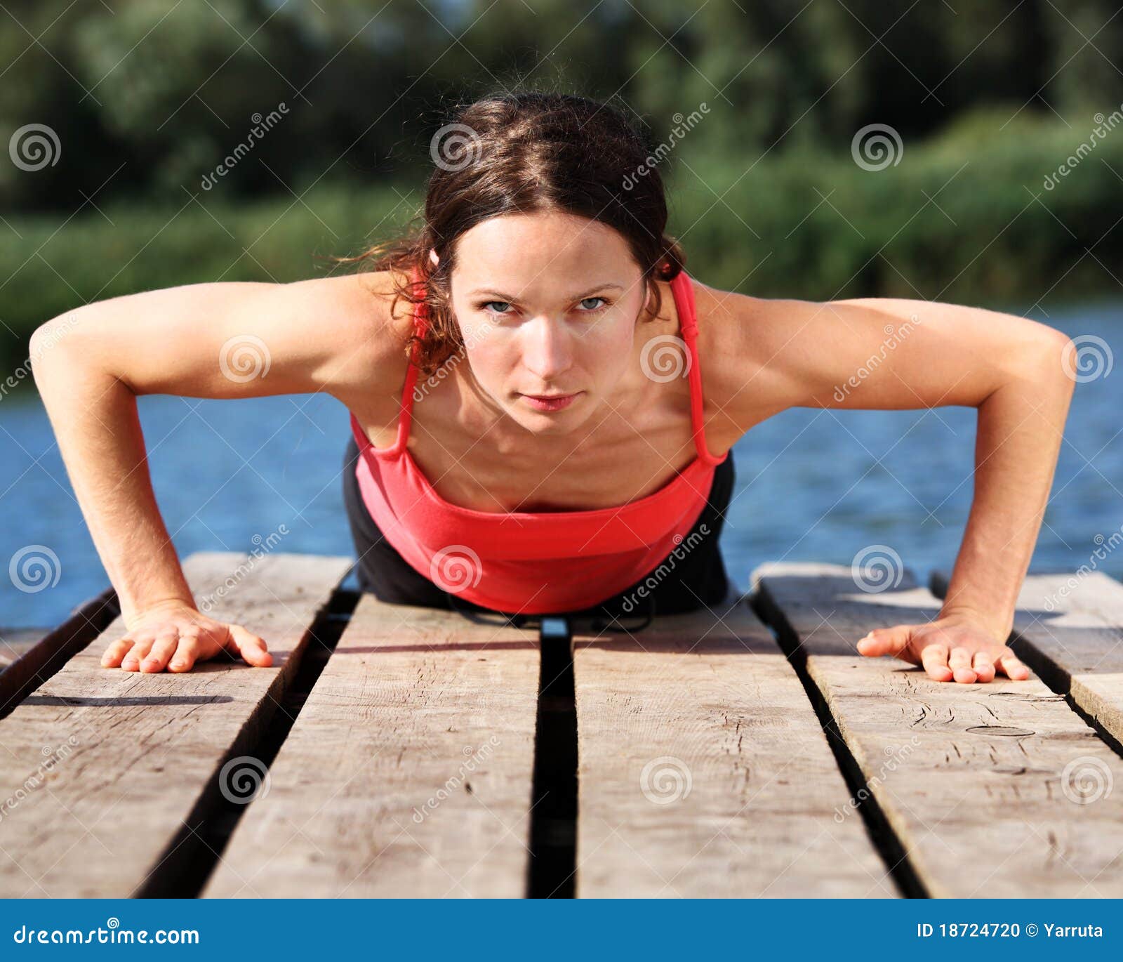 Sexy, Athletic, Blonde Woman in the Gym, Doing Push-ups on Hands