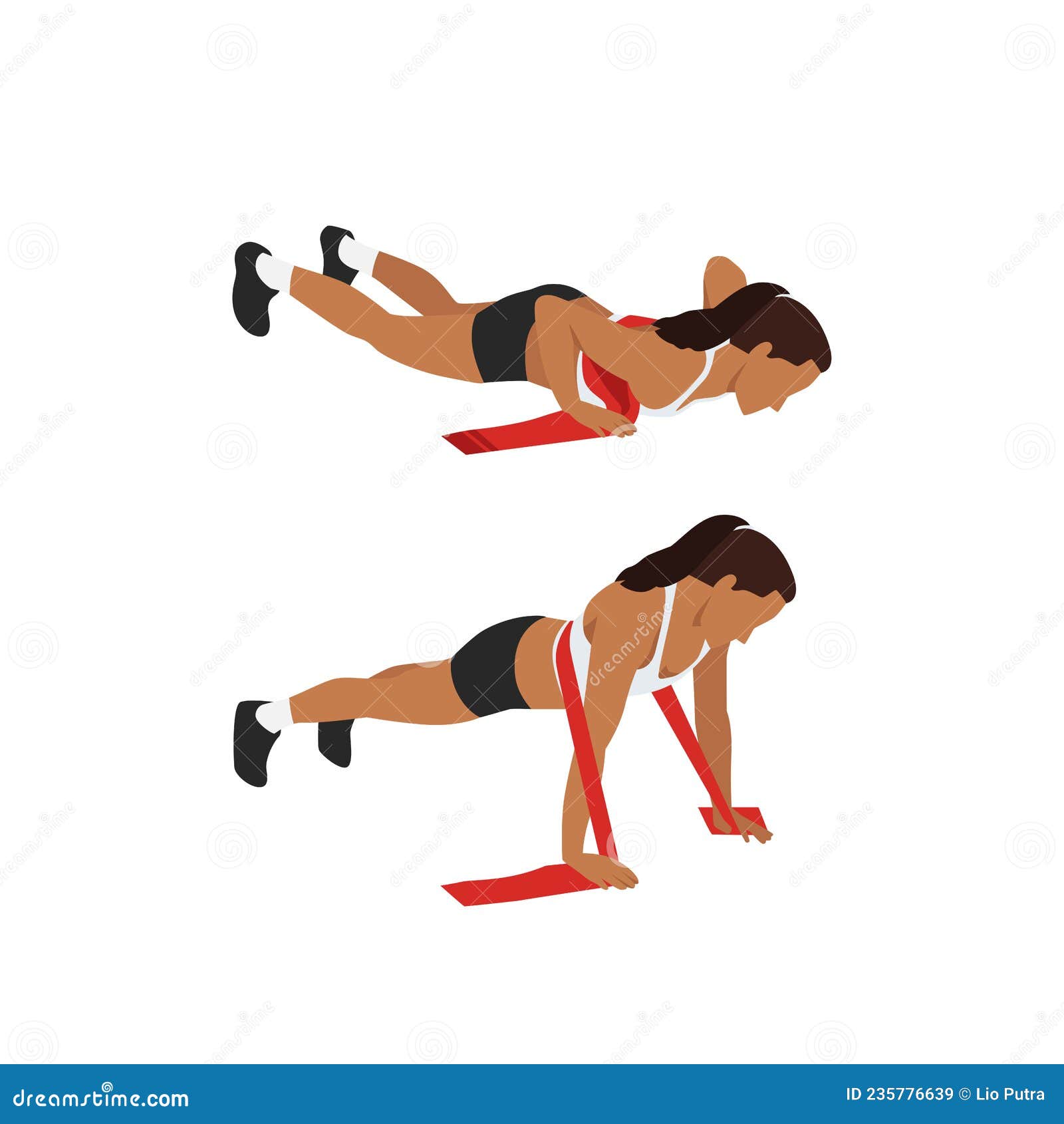 Woman Doing Resistance Band Push Up Exercise. Stock Illustration