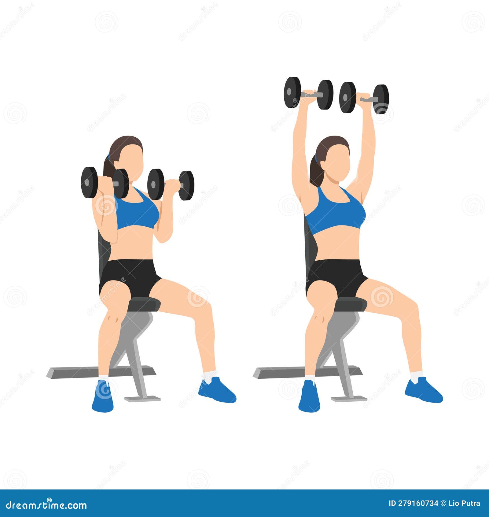 Woman Doing Seated Arnold Press on a Bench Exercise Stock Illustration
