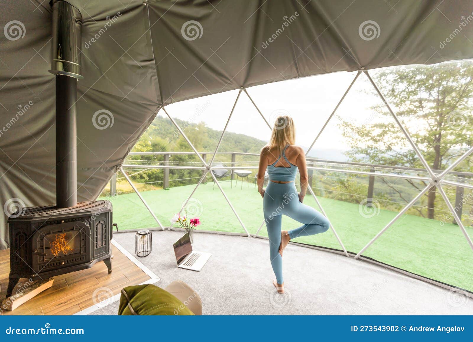 Woman Doing Yoga in Glamping Dome Tent Stock Photo - Image of