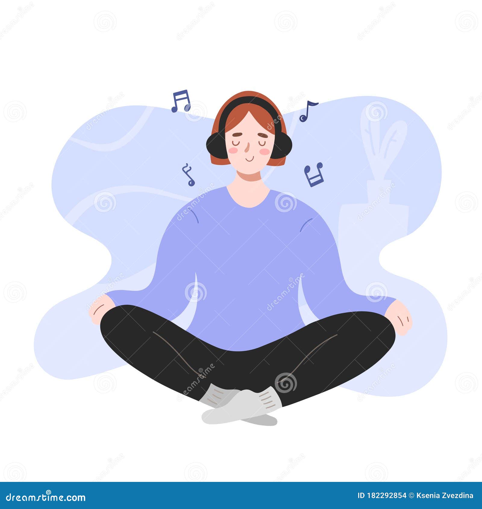 Woman Doing Yoga, Listening To Music at Home, Female Character in