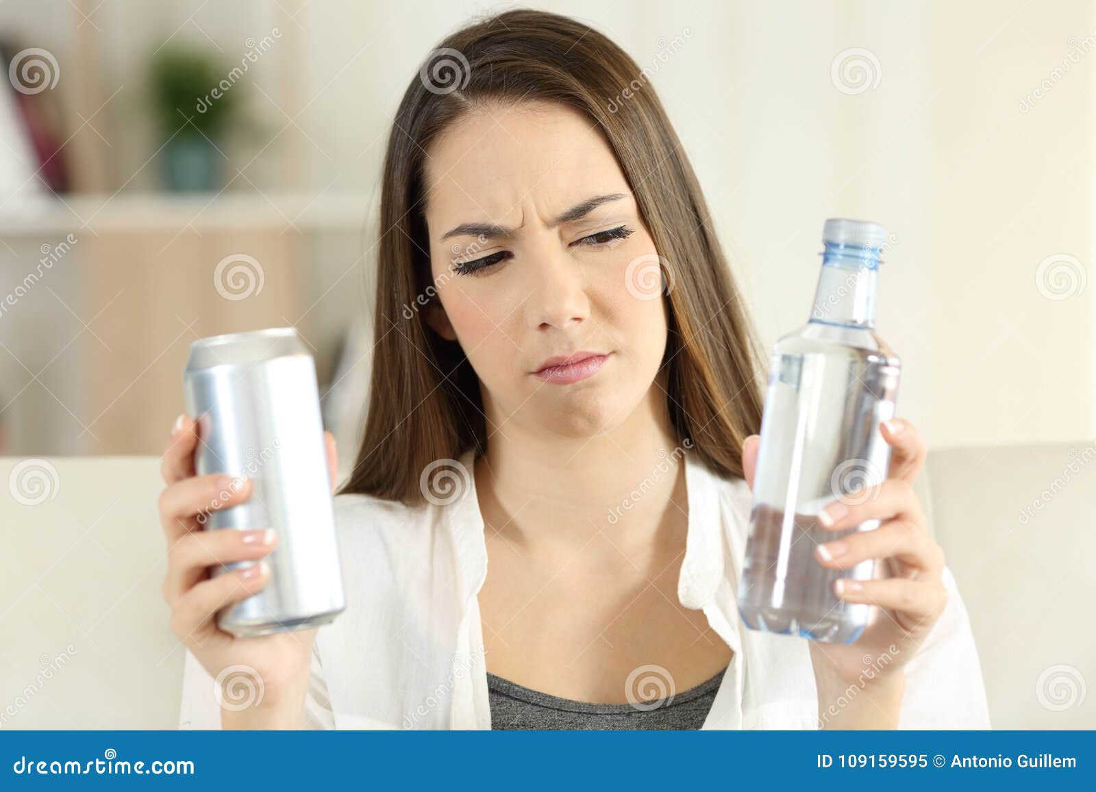 woman doubting between soda drink and water