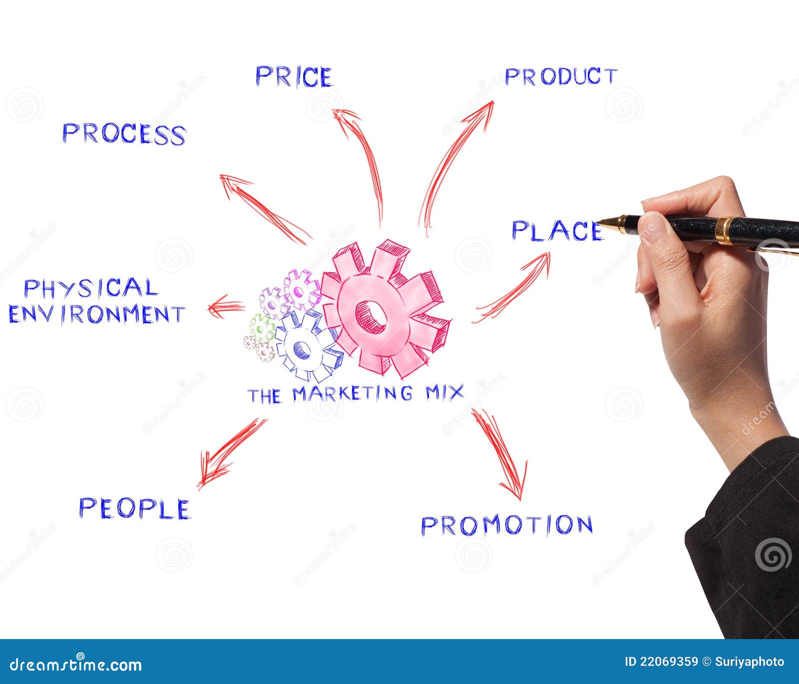 woman drawing business process, marketing mix