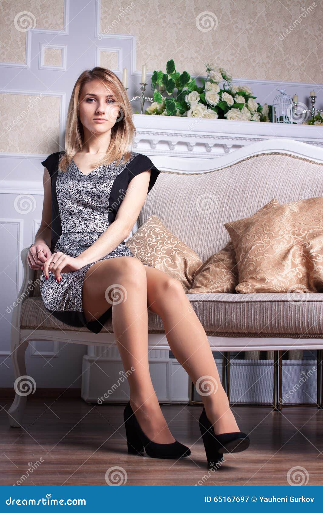 Woman in Dress Sitting on Sofa Stock Image - Image of indoors, room ...