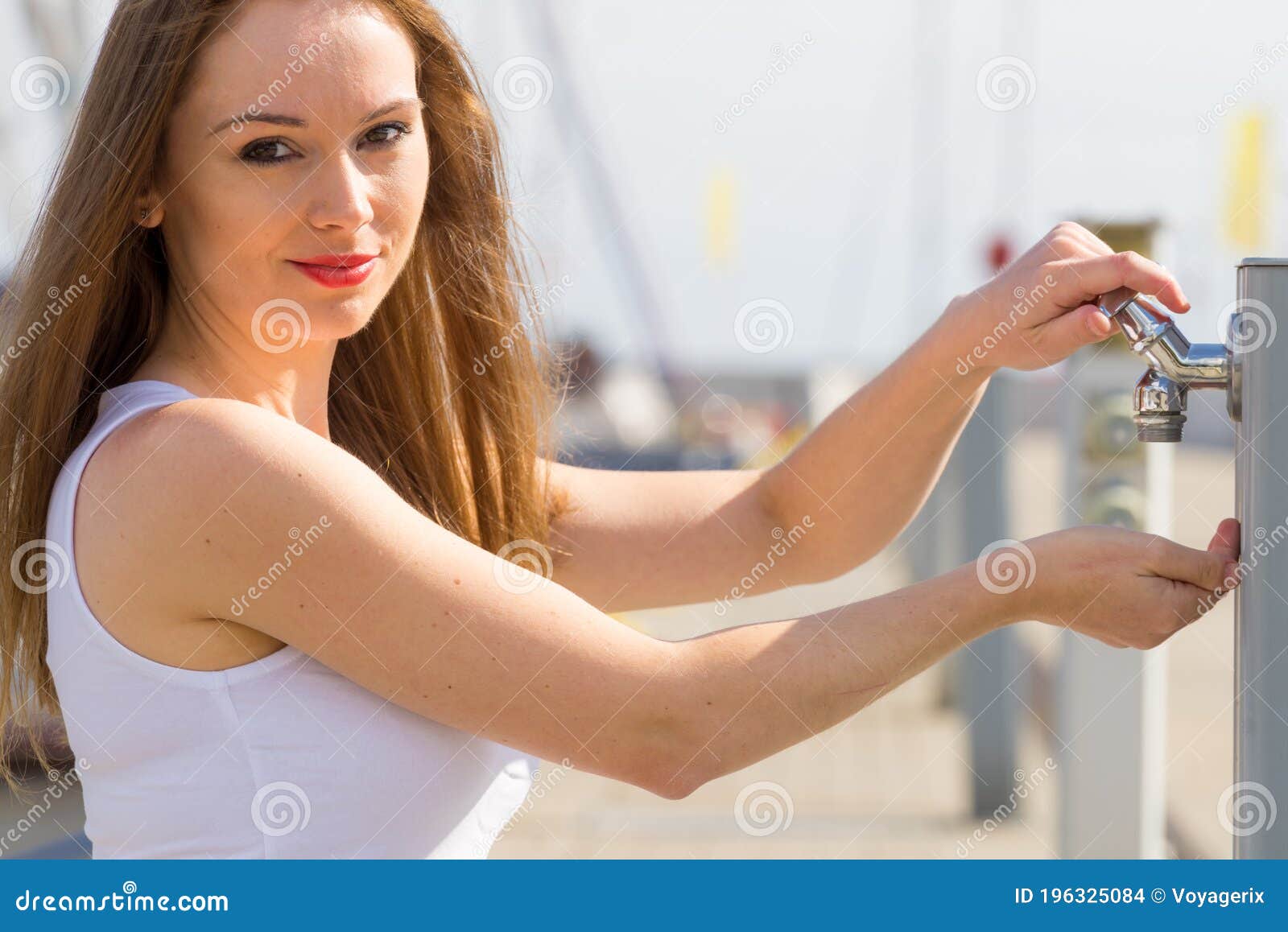 Woman Drinking Water from Tap in Marina Stock Photo Image of thirst