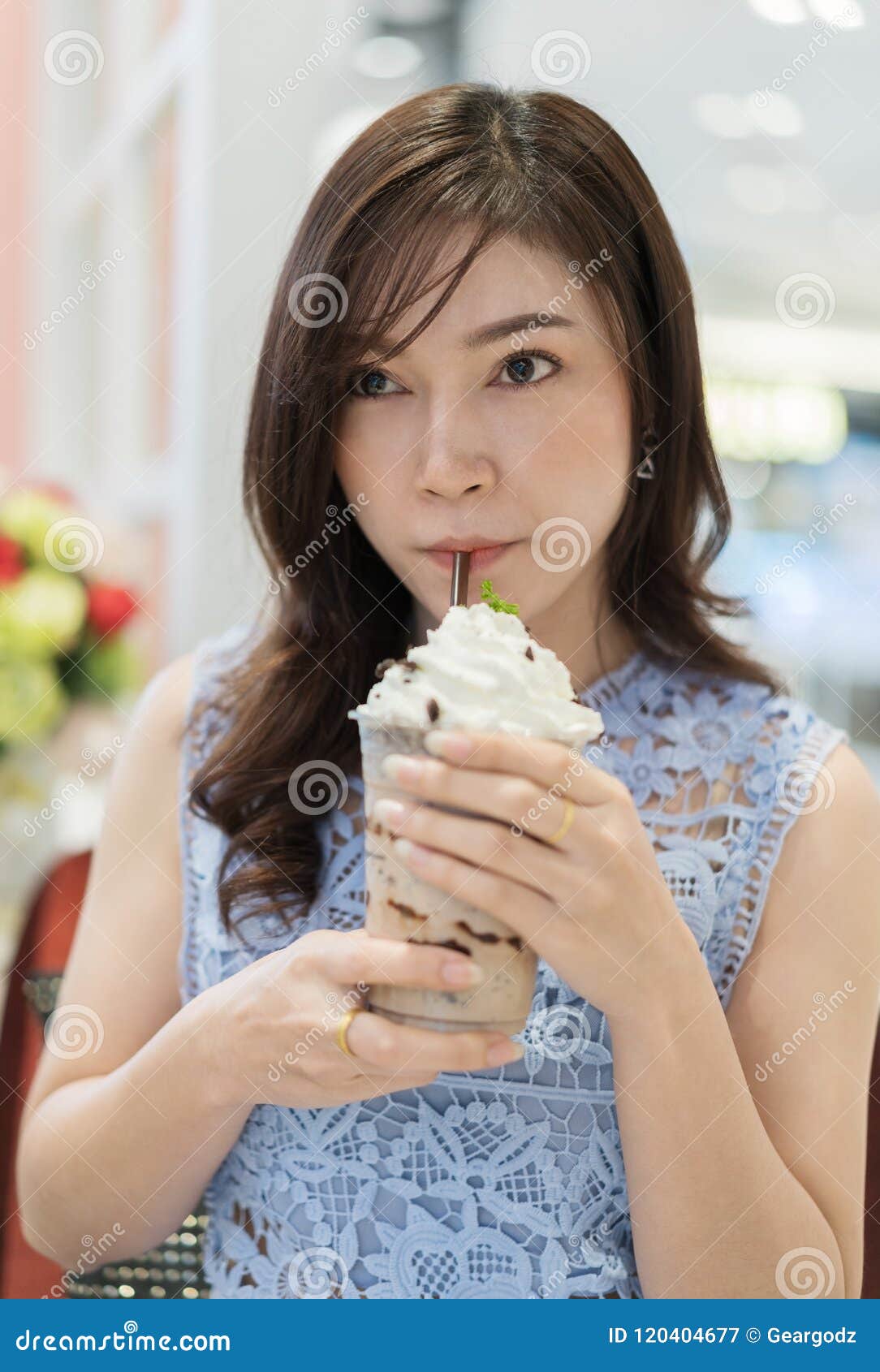 Woman Drinking a Cup of Chocolate Milk at Cafe Stock Image Image of
