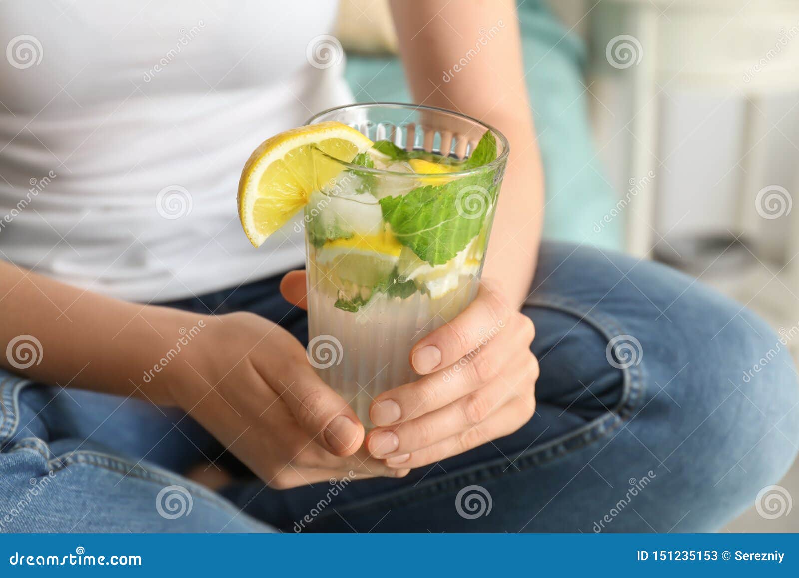 Woman Drinking Fresh Lemonade at Home, Closeup Stock Image Image of