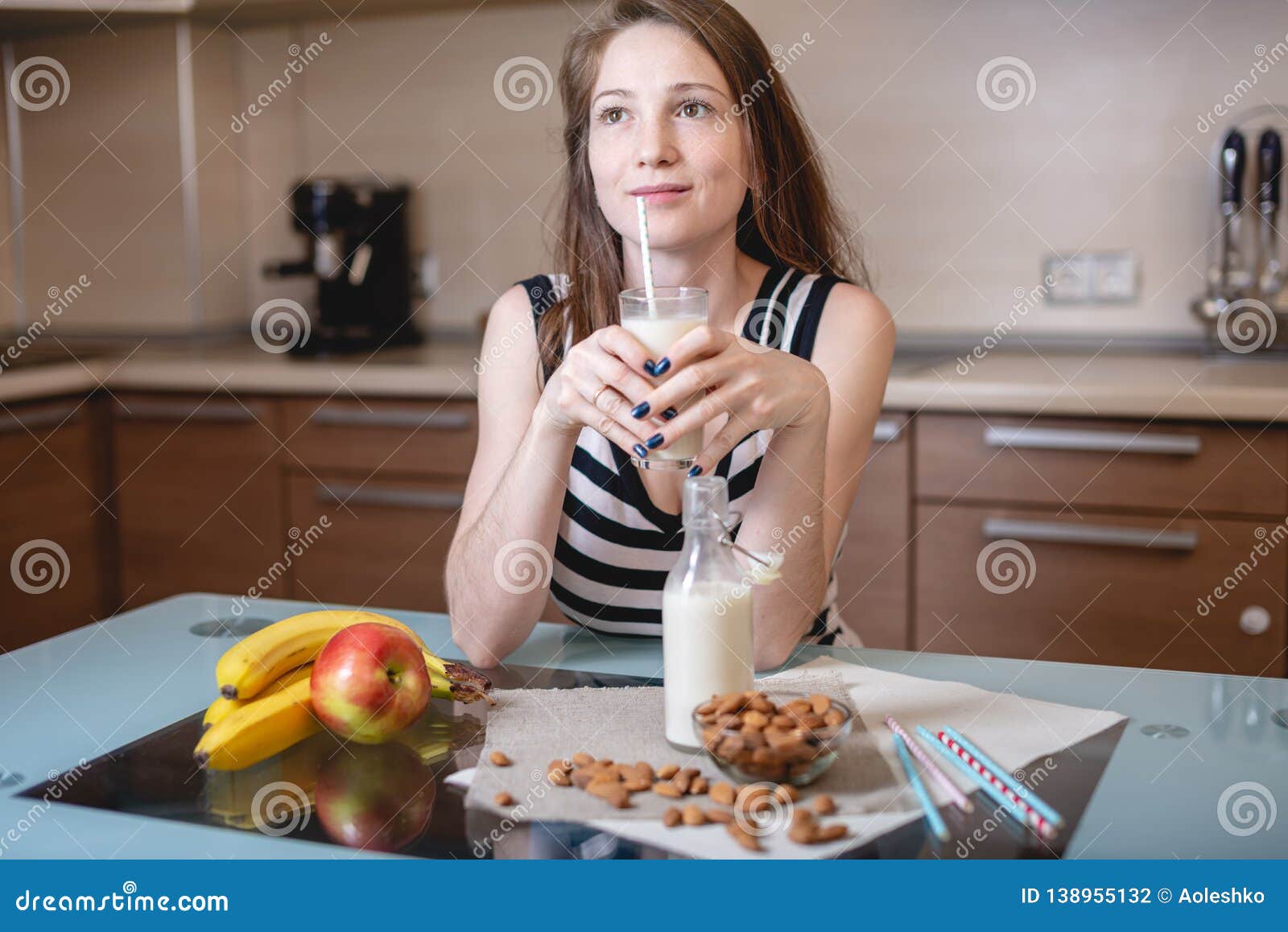 Woman Drinking Organic Almond Milk Holding A Glass I