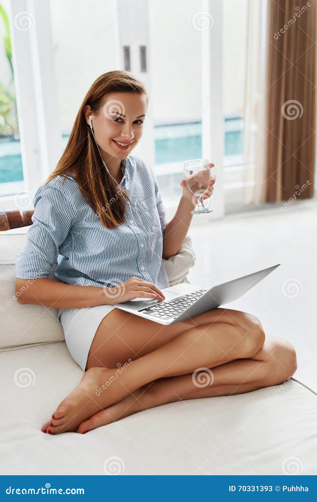 Woman Drinking Water, Using Computer, Working Home. Drink ...