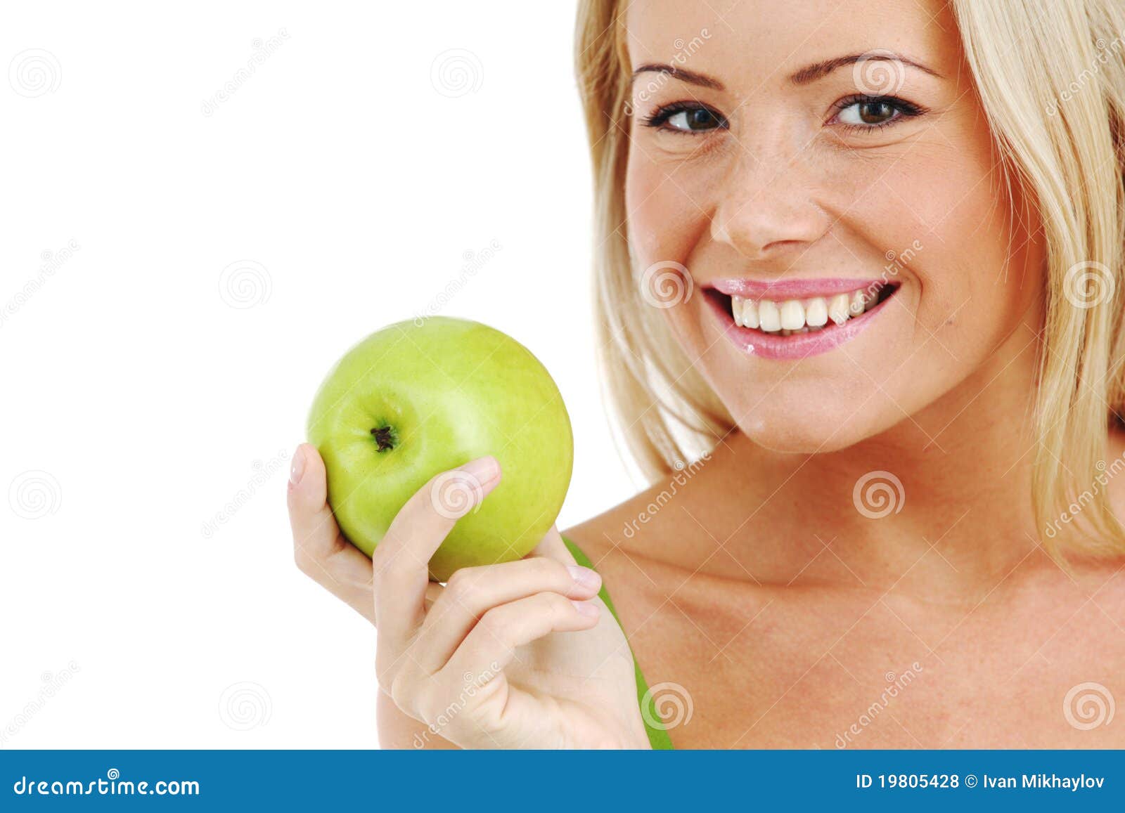 Woman eat green apple stock photo. Image of isolated 19805428