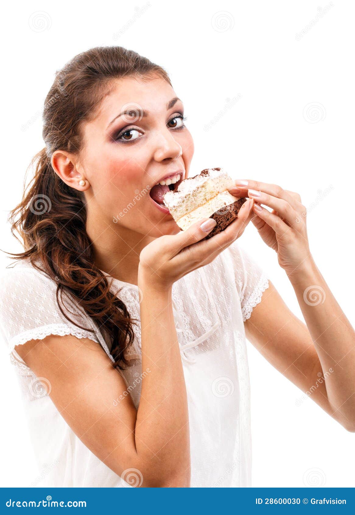 Woman eating the cake stock photo. Image of party, isolated 28600030