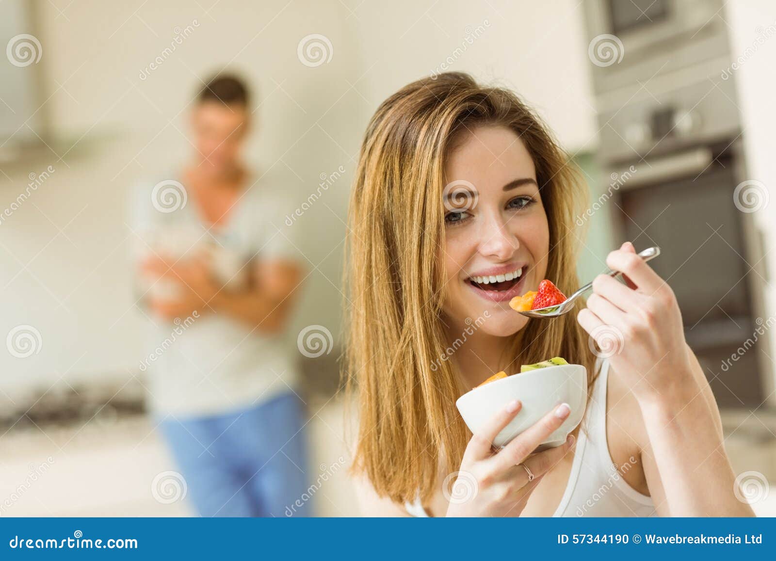 Woman Eating Fruit Salad at Breakfast Stock Photo Image of breakfast