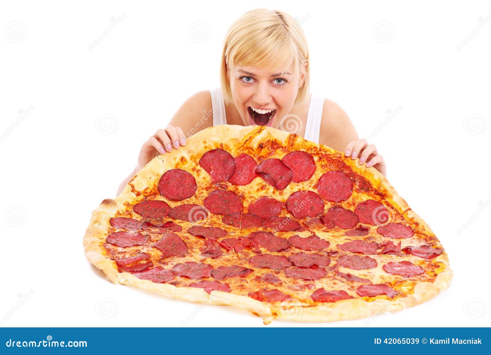 woman eating huge pizza