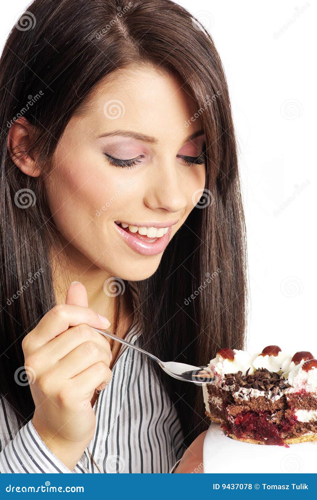 Woman Eating Piece of Cake. Stock Photo Image of chocolate, isolated 9437078