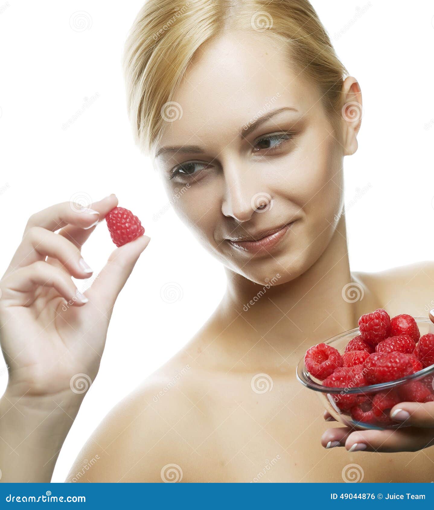 Woman Eating a Raspberry. Isolated Over White Stock Photo Image of