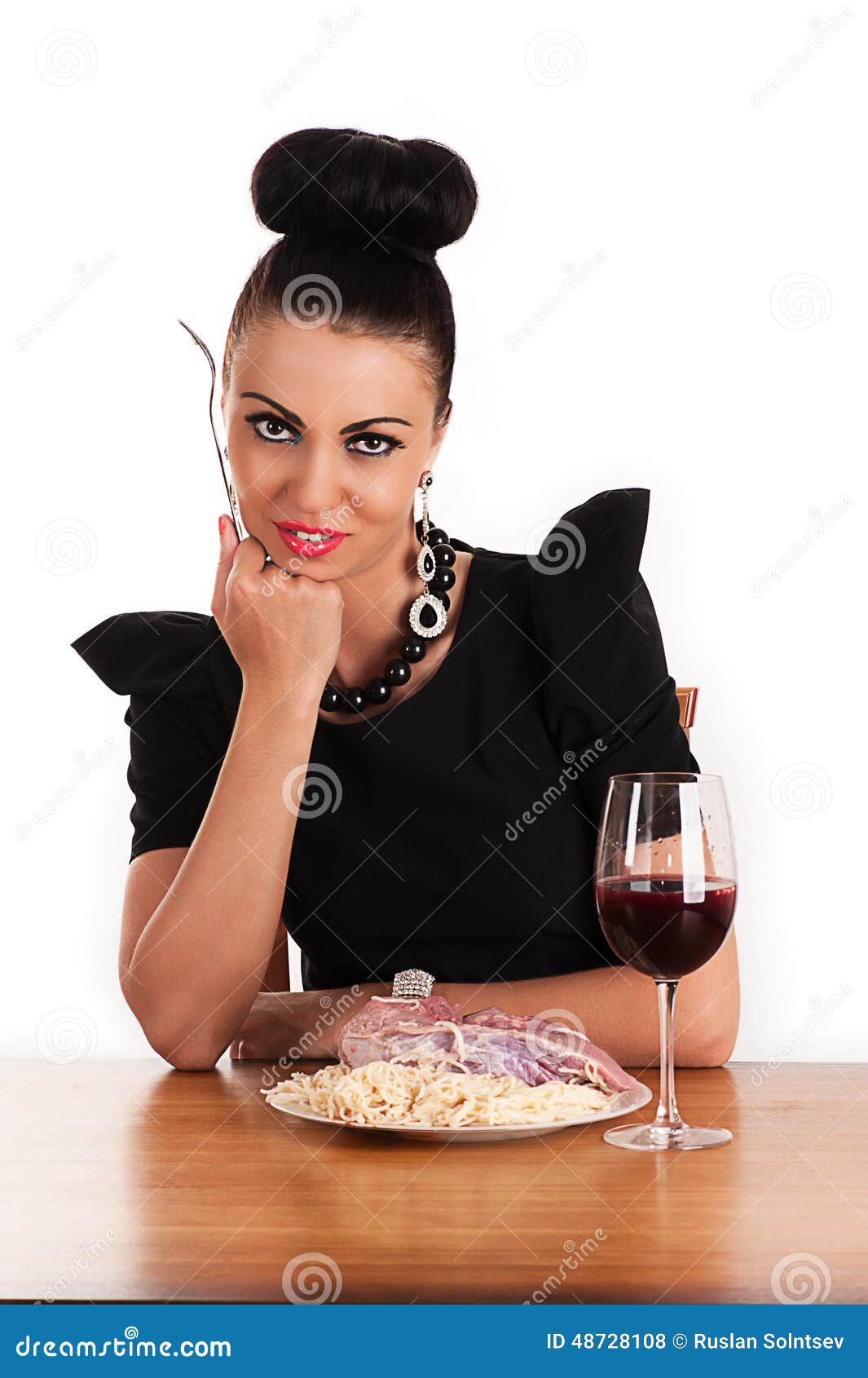 Woman Eating Raw Meat with Macaroni Stock Photo Image of hair, female