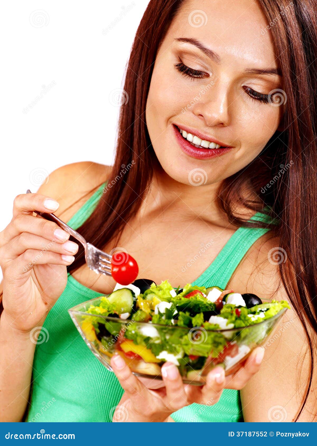 Woman Eating Salad at Kitchen. Stock Photo Image of attractive