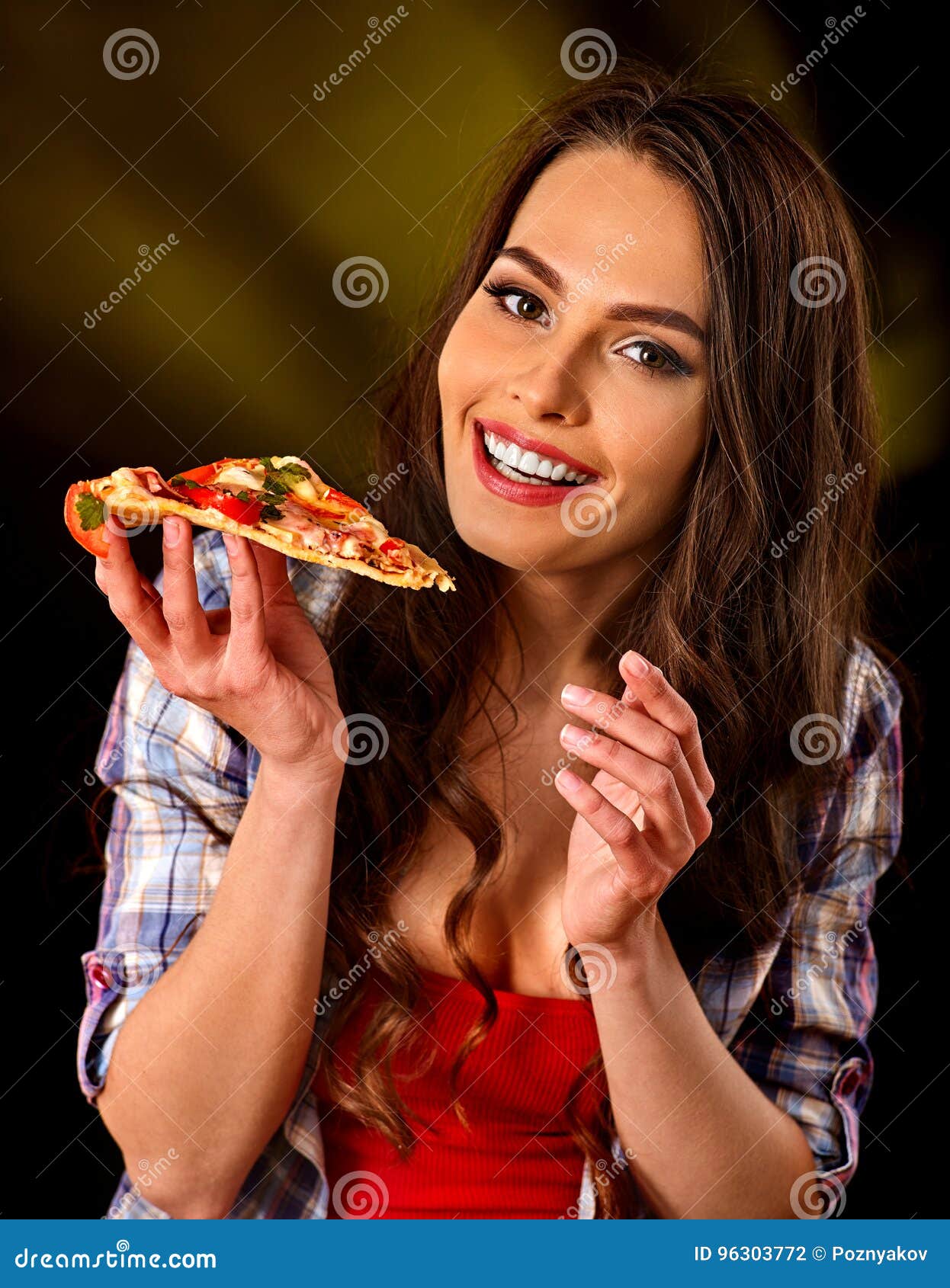 Woman Eating Slice Of Italian Pizza Student Con